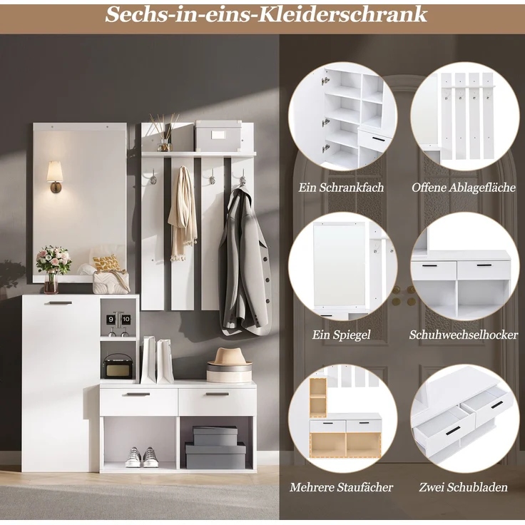 Garderobe im Flur,Garderobenständer für den Eingangsbereich, inklusive Schuhschrank, Spiegel und Kleiderhaken, Kompaktgarderobe mit 2 Schubladen,für Flur Eingangsbereich, Weiß,120x35x175.5cm – Bild 5