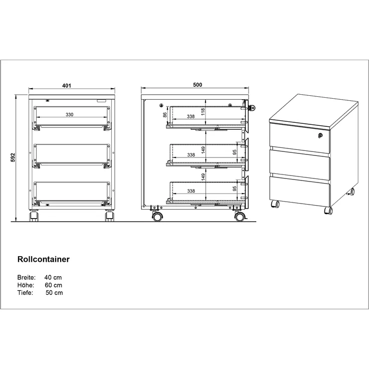 Germania Rollcontainer 4264-549 GW-Lissabon, in Graphit/Eiche, griffloses Design, 41 x 60 x 50 cm (BxHxT) – Bild 11