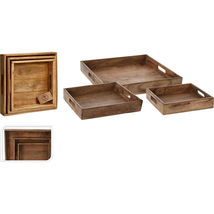 Koopman Tablett Serviertablett Holztablett Frühstückstablett Tablett 3tlg Mangoholz, Holz, (3-tlg), Massivholz, 27x27cm, 30x30cm, 24x24cm, Braun – Bild 2