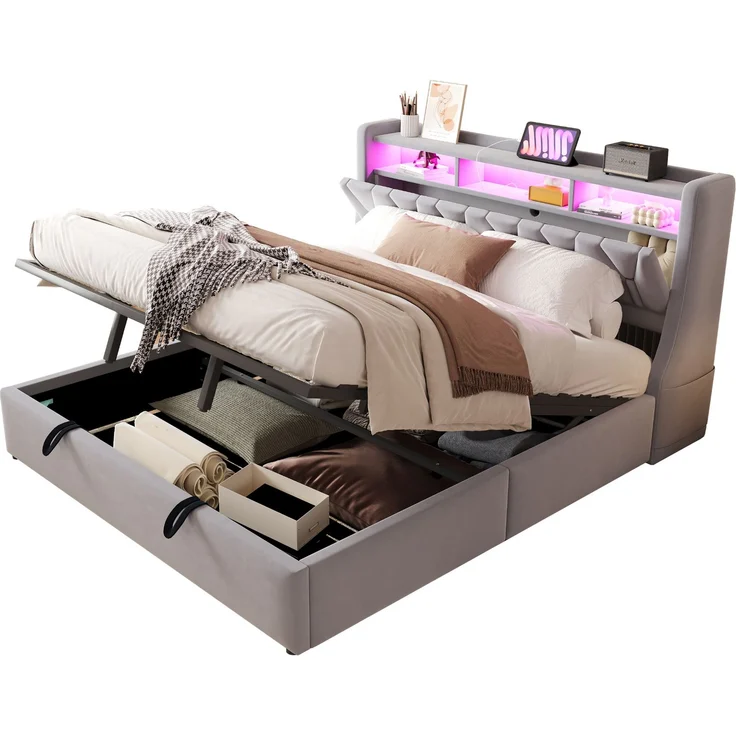 U-life Polsterbett 180x200 cm, fürs Schlafzimmer, hydraulischer Stauraum, klappbar, Steckdose und Ablagefach, LED-Beleuchtung, Sperrholz, Hellgrau – Bild 10