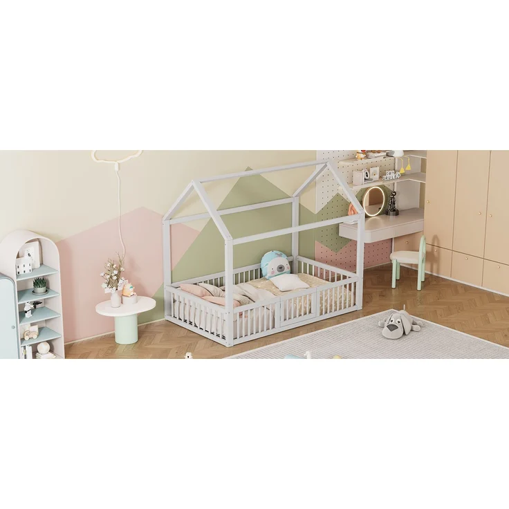 Bett 90x200 cm Hausbett aus Kiefernholz mit Türchen und Rundum-Sicherheitsgitter, ohne Matratze, Weiß – Bild 5