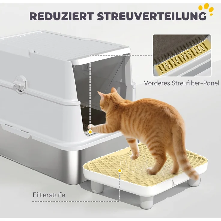 PawHut Katzenklo, Edelstahl, Kunststoff, Hellgrau, 60,2L x 40,2B x 43,3H cm – Bild 9