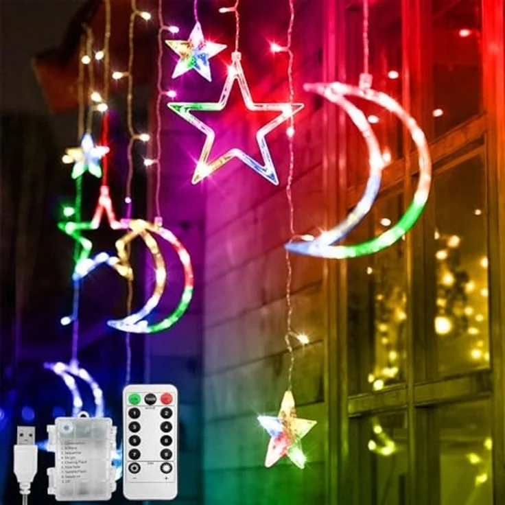 Jsdoin LED Lichterkette, 138 LEDs 3,5m Sterne Mond Vorhang Lichter mit 8 Blinkmodi Dekoration für Weihnachten, Fenster,Hochzeit, Party, Zuhause, Terrasse, Ramadan Deko, Rasen (B - Bunt) – Bild 1