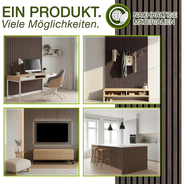 TRESKO® 2 Stück Akustikpaneele Holz 120×60 cm inkl. 4x Kleiderhaken | Wandverkleidung Nussbaum als 3D Lamellenwand | Holzpaneele Paneele für Schallschutz | Akustik Wandpaneele mit Montageset – Bild 8