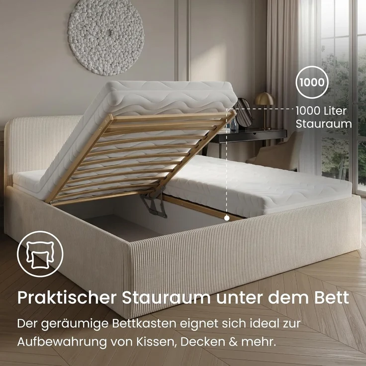 Home Collective Polsterbett Bett mit Stauraum, verstellbarem Lattenrost, viele Größen (Größen: 100x200 120x200 140x200 160x200 180x200 200x200, hochwertiger Kordstoff, made in Germany), wählbare Matratze Federkern oder Kaltschaum, Hellbeige – Bild 3