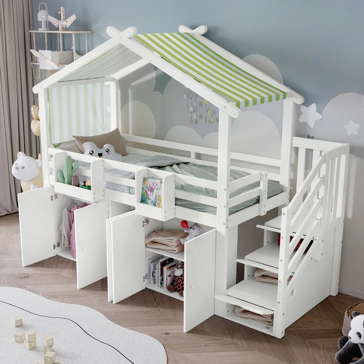 Bett 90x200 cm Etagenbett mit Stauraum und Fallschutzgitter – Weiß/Grün, mit Kleiderschrank – Bild 2