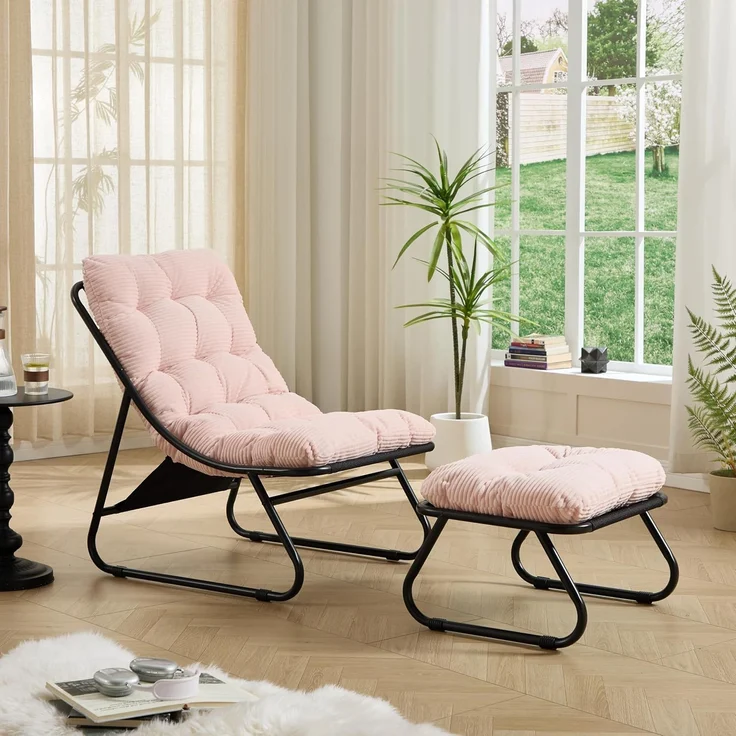 LVHOM Sessel mit Hocker, Gepolsterter Loungesessel aus Cord mit Metallgestell, ergonomischer Relaxsessel für Wohnzimmer und Schlafzimmer, Rosa – Bild 3