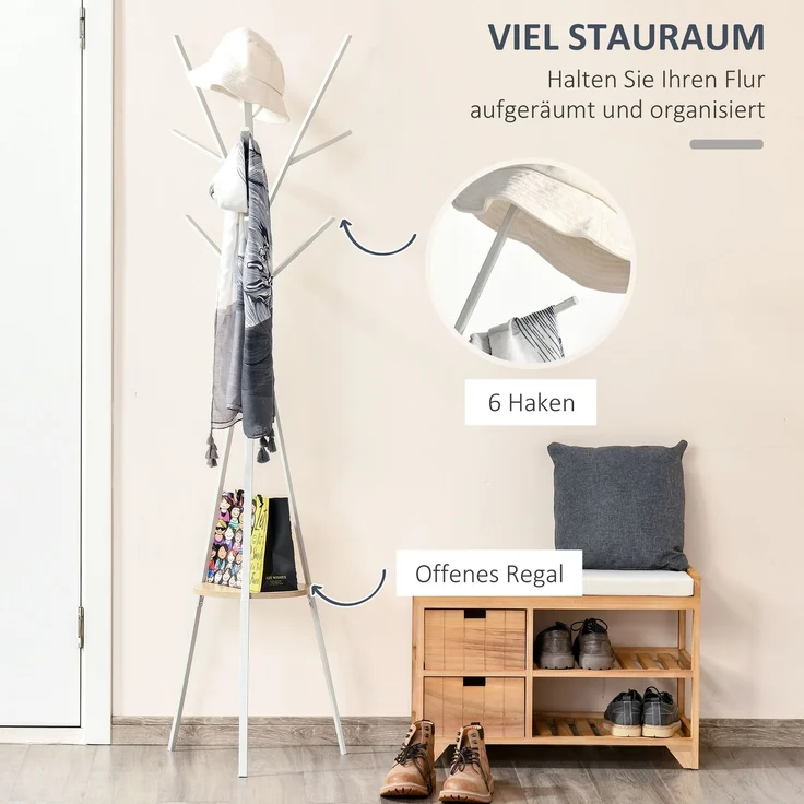 Garderobenständer Kleiderständer mit Ablage und 8 Haken Jackenständer Moderner Garderobe für Kleidung Hut Tasche, Wohnzimmer, Weiß--Weiß--180x45x45cm--YOUDENOVA – Bild 6