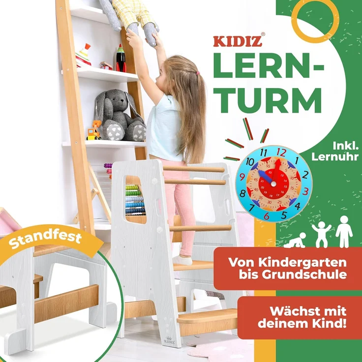 KIDIZ® Lernturm für Kinder ab 1 Jahr inkl. Lernuhr | 3-stufig Höhenverstellbarer Tritthocker aus Kiefernholz | spielerisch motorische Fähigkeiten fördern Montessori Learning Tower bis 50 kg belastbar Weiß / Hellbraun – Bild 2