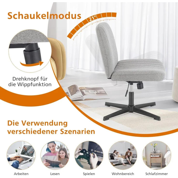 Sweetcrispy Bürostuhl Ohne Armlehnen, Schreibtischstuhl mit Stoffbezug, Lesesessel mit Breiterem Polster zum Sitzen im Schneidersitz Stuhl, Höhenverstellbar, 360° Drehstuhl für Haus, Grau – Bild 5