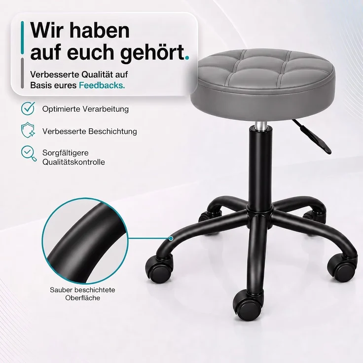 Movaro Rollhocker mit Metall-Basis und leisen Softrollen [Neues Modell] - höhenverstellbar, 360° drehbar, kratzfrei und stabil - ergonomischer Hocker mit Rollen | Arbeitshocker | Bürohocker 44x44x50-63 cm [Grau] – Bild 7