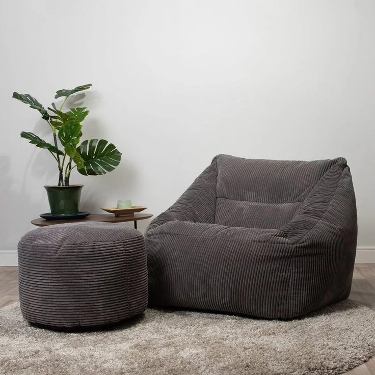 Icon Morgan Sitzsack Sessel mit Runden Hocker, Dunkelgrau, Cord Sessel, Sitzsack Erwachsene mit Füllung, Lounge Sessel, Sessel Wohnzimmer, Sessel Schlafzimmer – Bild 2
