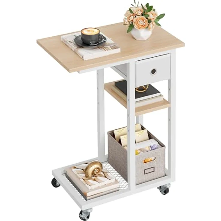 YITAHOME Beistelltisch, C-Form Sofatisch mit Rollen und Schublade，Wohnzimmertisch für Kaffee und Laptop，für Wohnzimmer, Schlafzimmer，50 x 30 x 67cm, Eiche – Bild 1