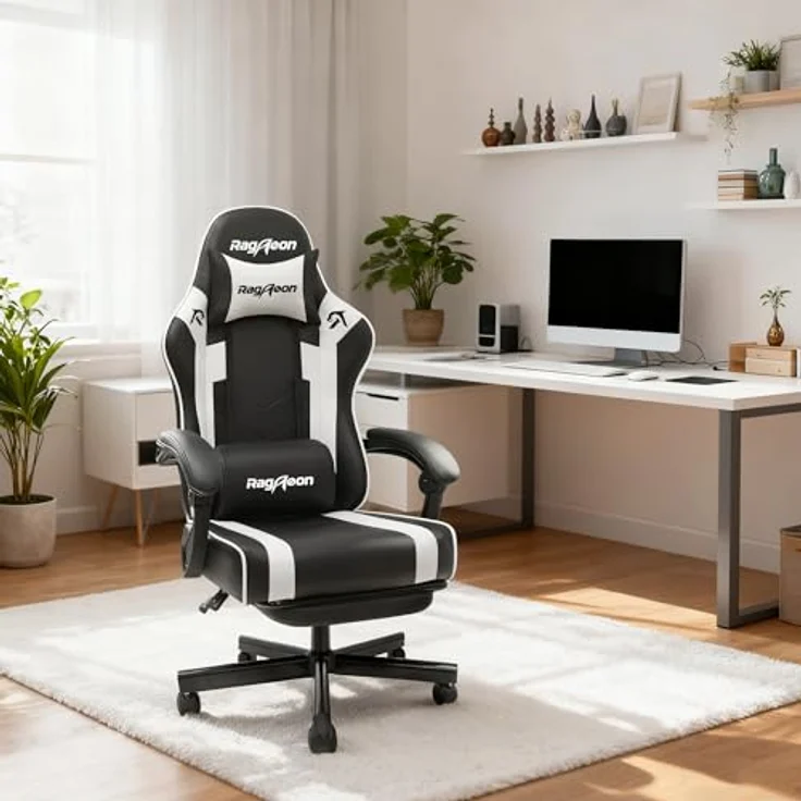 Riftracer Gaming Stuhl, ergonomischer Gaming Sessel mit verstellbarer Fußstütze, Kopfstütze und Lordosenstütze, Tragkraft 150 Kg, schwarz – Bild 2