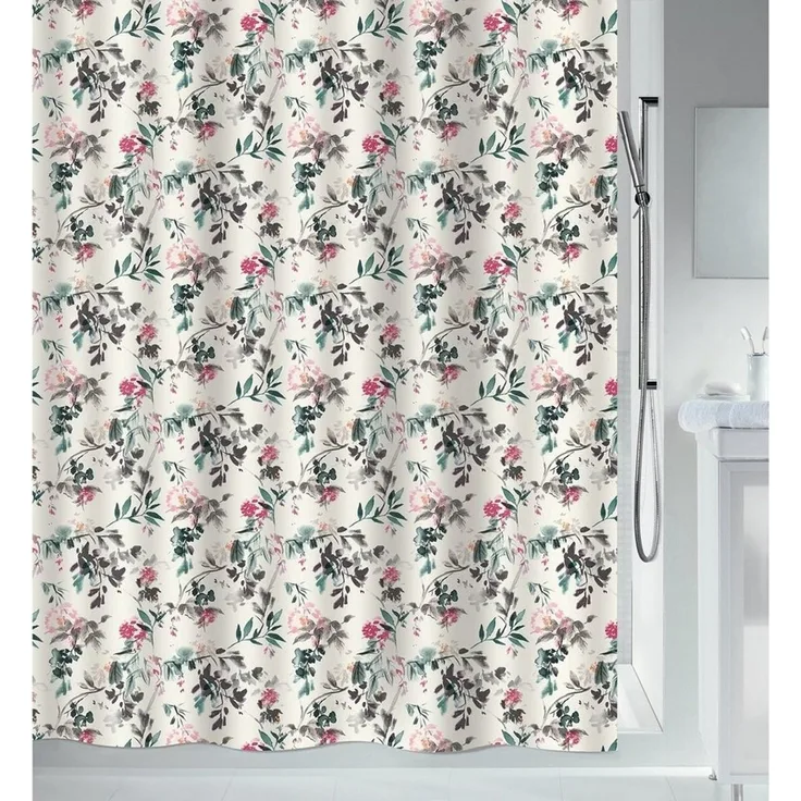 spirella Duschvorhang JINZO Breite 180 cm, Premium Textil-Duschvorhang, 100% Polyester, wasserabweisend, Anti-Schimmel-Effekt, waschbar 40°, frühlingshaftes Blütenzweige Motiv, Farbe bunt, Größe 180 x 200 cm
