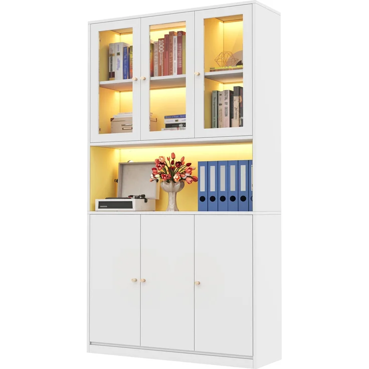 Bücherschrank 100×35×200 cm mit Glastüren und LED-Beleuchtung – Standregal mit Vitrine, offenem Fach und 3 Türen, Aktenschrank für Ordner und Bücher, Weiß--Weiß--100x35x200cm--YOUDENOVA – Bild 3