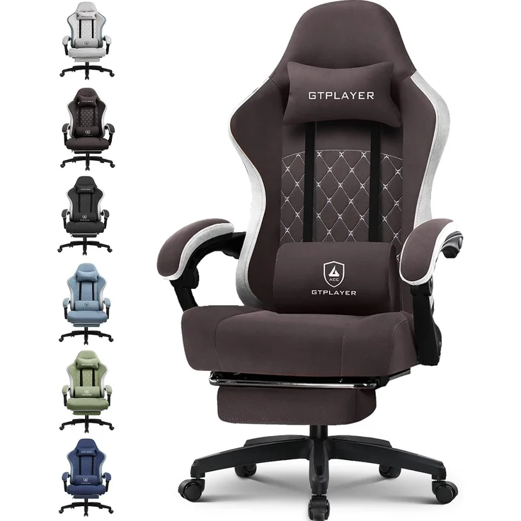 GTPLAYER Gaming Stuhl Ergonomischer Gaming Sessel Schreibtischstuhl mit Stoffoberfläche, Federsitzkissen, Verbindungsarmlehnen und Fußstütze braun – Bild 1