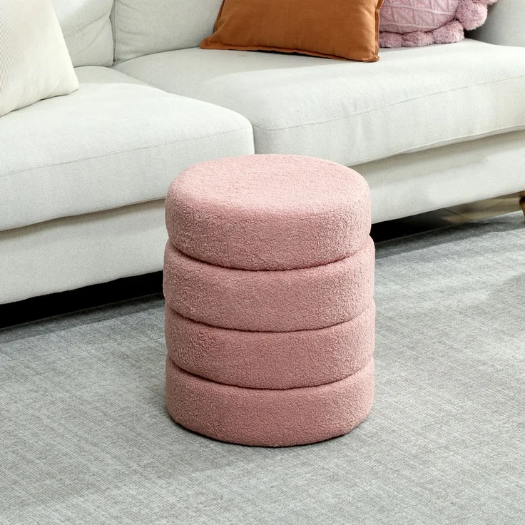 MELAYR, Hocker, rund, Teddyfleece, bis 120kg, Φ40x45H cm, Rosa – Bild 4