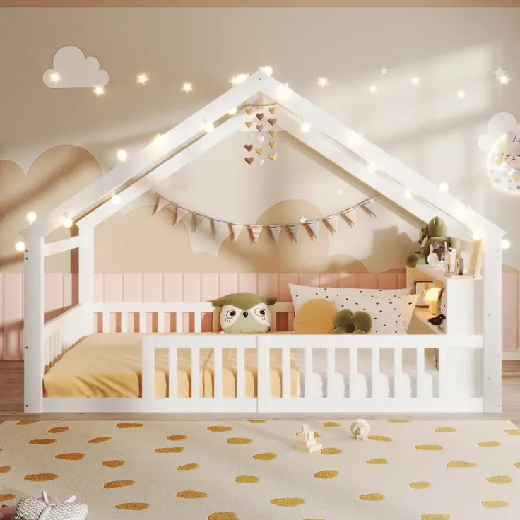 Hausbett mit Lattenrost und Rausfallschutz, 140x190cm, Kinderbett, Jugendbett, Einzelbett, Kiefer – Bild 2