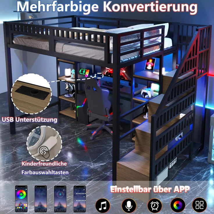 EINHOM Hochbett, 140 x 200 cm, Eisenrahmen, Ablagefach, Leiter mit Stauraum, Schreibtisch, LED-Lichtleiste, USB-Anschluss Inklusive, Schwarz (Ohne Matratze) – Bild 4