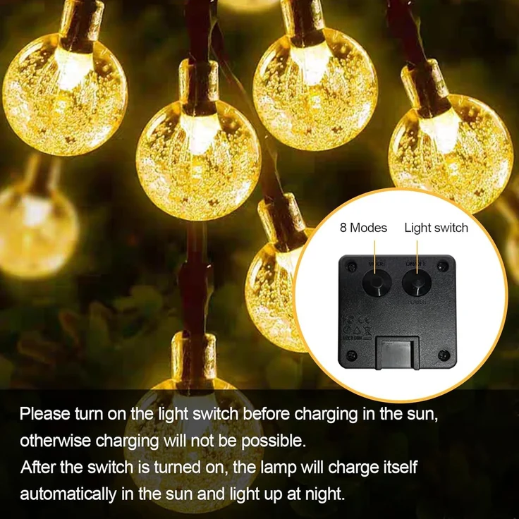 LQWELL® Solar Lichterkette Aussen 13M 60LED 8 Modi für Innen und Aussen Kettenlicht Kristall Kugeln IP44 Lichterkette Wasserdicht Garten Terrasse Balkon Hochzeit Party Fenster (Warmweiß) – Bild 3
