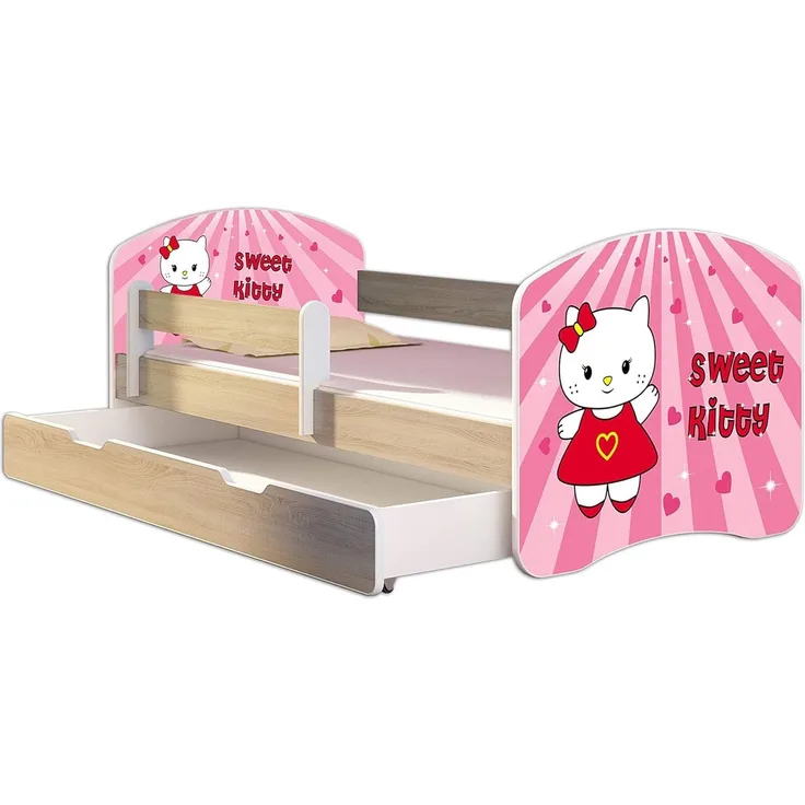 Kinderbett Jugendbett mit einer Schublade und Matratze Sonoma mit Rausfallschutz Lattenrost ACMA II 140x70 160x80 180x80 (15 Sweet Kitty, 140x70 + Bettkasten)