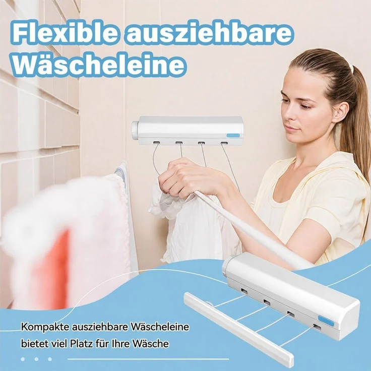 MOPUEA Wäscheständer Einziehbare Wäscheleine Wäscheständer 8 kg Tragfähigkeit, Platzsparend, 8kg Traglast, ausziehbar, einfache Wandmontage – Bild 3