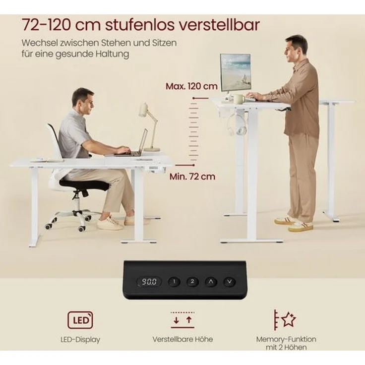 VASAGLE Höhenverstellbarer Schreibtisch elektrisch, L-förmiger Eckschreibtisch, mit Ladestation, Memory-Funktion mit 2 Höhen, für Homeoffice, wolkenweiß-mattweiß, 140x160 cm – Bild 4