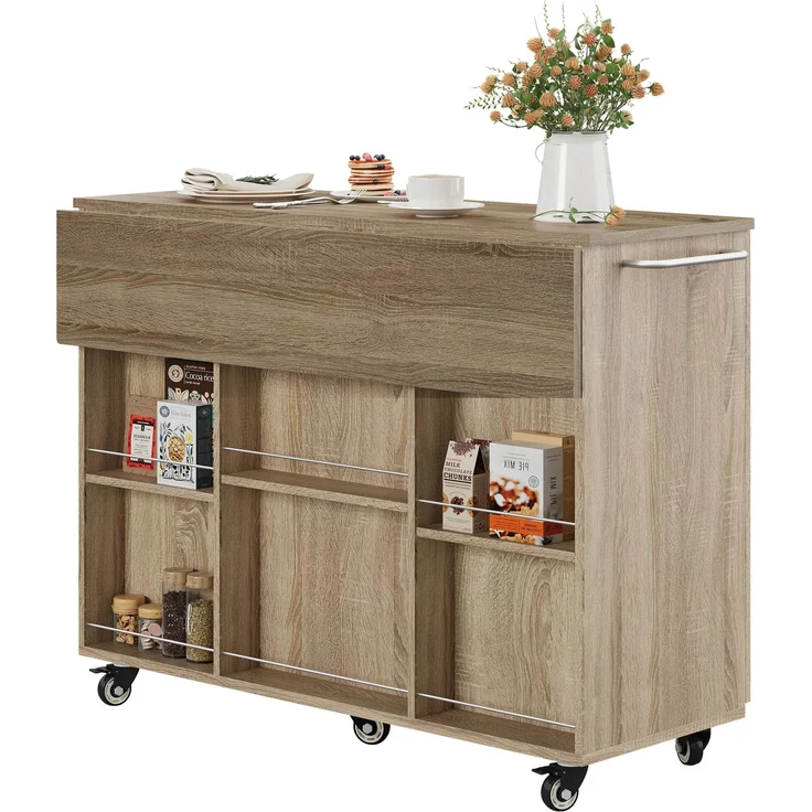 ZUBALIYA Küchenwagen 120 cm Arbeitsplatte – klappbare Arbeitsplatte, Schublade und 2 Schränke, 5 Rollen, 2 mit Bremse, Gewürzregal und Handtuchhalter, MDF, Sonoma-Eiche-Optik – Bild 4