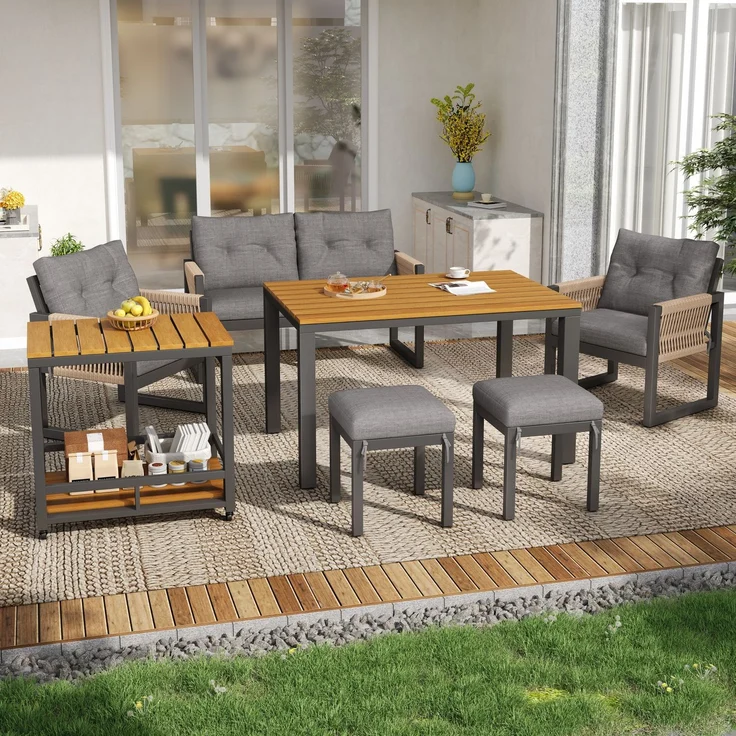 Modernes Outdoor-Sofa-Set , Freizeit- und Besprechungsset für mehrere Personen , Eisengestell , Geflochtene Armlehnen , Inklusive Sitzkissen , Multifunktionaler Tisch – Bild 2