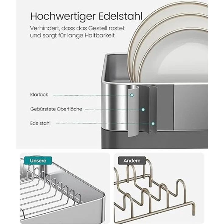 SONGMICS Abtropfgestell 2-stufig, ausziehbarer Abtropfständer, Geschirr-Abtropfgestell mit Utensilienhalter, rostfrei, für Geschirr, Messer, Löffel, Gabeln, silbern-grau KCSDE036G01 – Bild 3