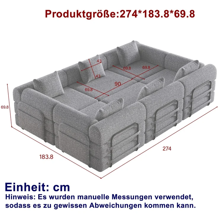 Schlafsofa aus Chenille, 2-in-1 mit Armlehnen-Ablagefach, 274x183,8x69,8 cm, Khaki – Bild 3