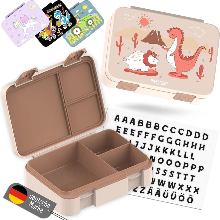 BEARFOOT Bento Box COMPACT Kinder Brotdose (Dinos-braun, 950 ml) | BPA-frei, auslaufsichere Lunchbox mit Fächern, für Schule & Kindergarten, für Mädchen & Jungen, leicht & kompakt