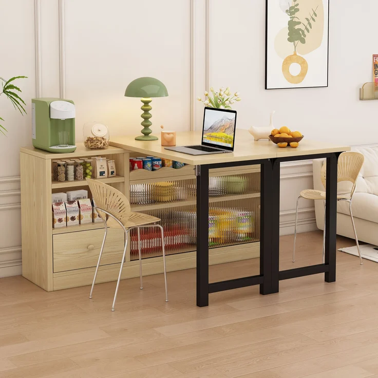 Klappbarer Esstisch mit Stauraum & 360° Drehfunktion, 73,5x40x120 cm, Natur/Schwarz – Bild 2