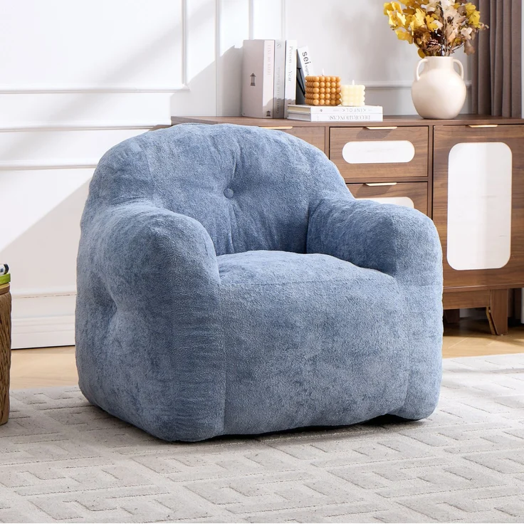 Sitzsack-Sessel aus Kunstfell mit ergonomischer Rückenlehne, 95×95×79 cm, Blau – Bild 1