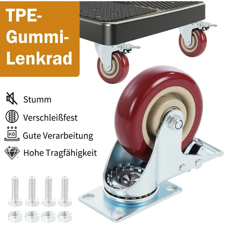 Home Nature Wohnkonzept Schwerlast Lenkrollen 100mm mit Bremse 360° drehbar 300 kg Tragkraft, 4 Stück geräuscharm Rollen für Möbel Industrie – Bild 4