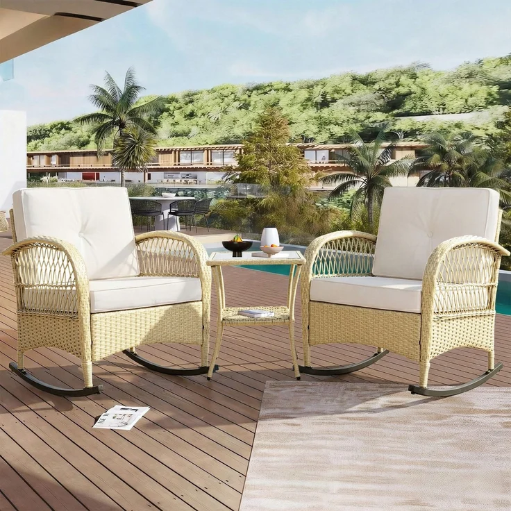 Balkonset mit 1 quadratischem Glastisch und 2 Schaukelstühlen, 3-tlg, Loungeset, Gartenmöbel, Metallrahmen, Polyrattan – Bild 1