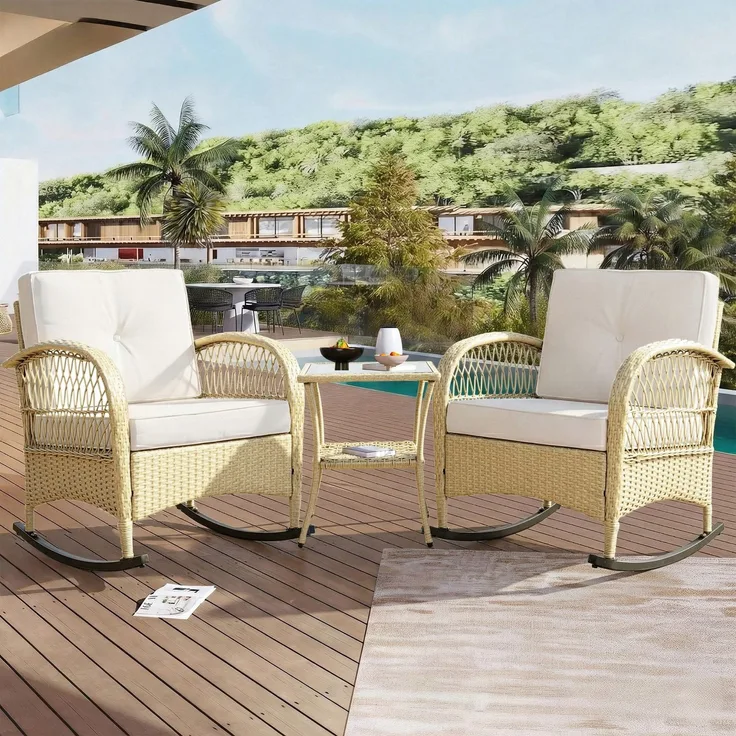 Balkonset mit 1 quadratischem Glastisch und 2 Schaukelstühlen, 3-tlg, Loungeset, Gartenmöbel, Metallrahmen, Polyrattan
