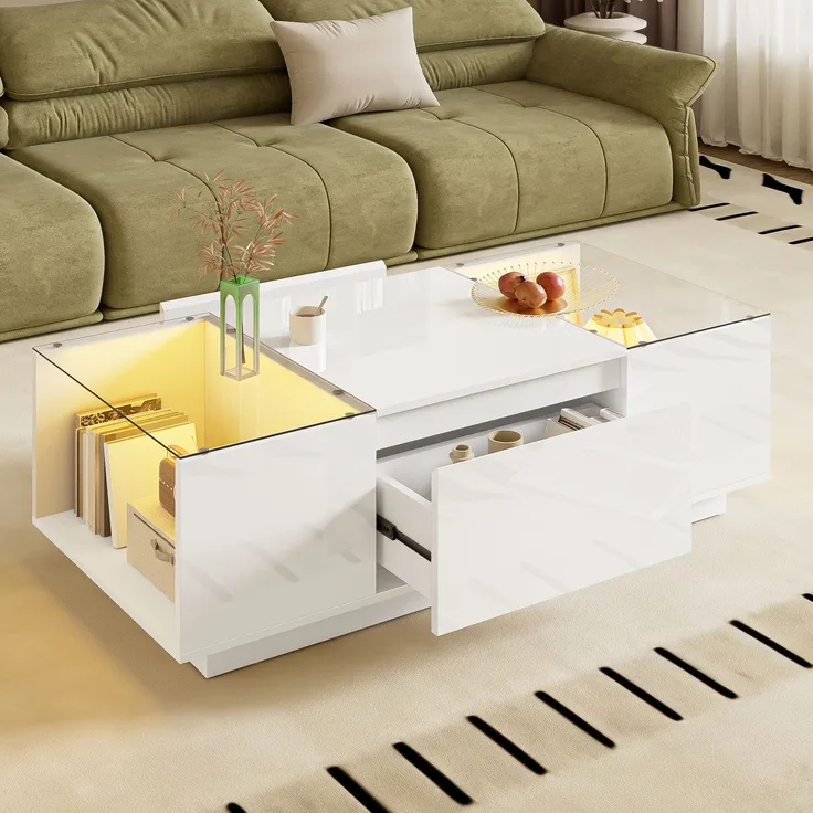 LED-Couchtisch 105×50×35 cm Weiß Hochglanz Tisch mit Glasplatten, LED-Beleuchtung steuerbar via Bluetooth und App