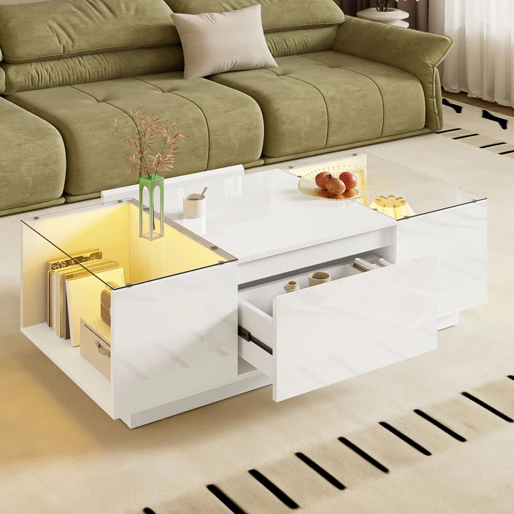 LED-Couchtisch 105×50×35 cm Weiß Hochglanz Tisch mit Glasplatten, LED-Beleuchtung steuerbar via Bluetooth und App – Bild 1