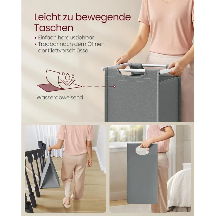 Vasagle Wäschekorb 2 Fächer, Wäschesammler mit Ablage, Wäschebox, Wäschesack aus Oxford-Gewebe ausziehbar abnehmbar, Metallrahmen, 2x46 L, 73 x 33 x 72 cm, weiß-hellgrau von Songmics – Bild 7