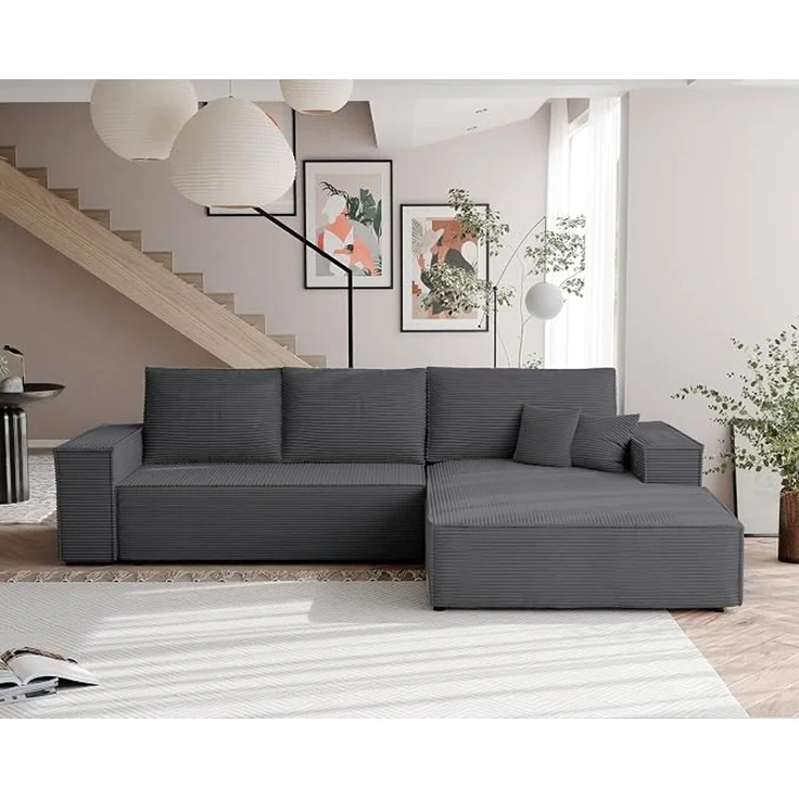 Ecksofa (Ausrichtung rechts) mit Schlaffunktion & Bettkasten, 294x185 cm, Kiefernholz & MDF, DL-Auszugsmechanismus, hoher Sitzkomfort, Grau – Bild 2