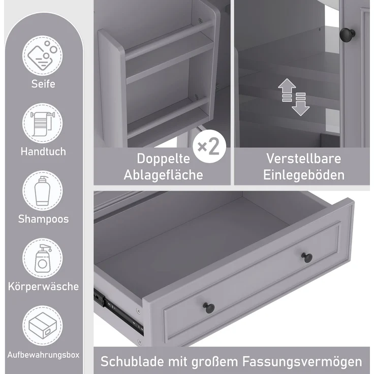 Badezimmerschrank 76 x 46 x 87 cm mit Keramikbecken, viel Stauraum & Massivholzbeinen – Moderner Waschtischschrank,Grau – Bild 6