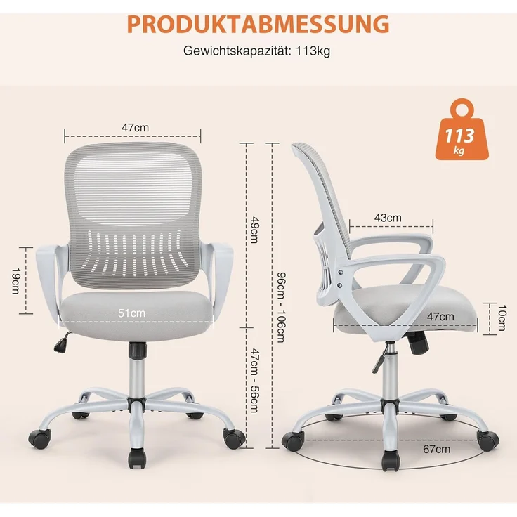 Sweetcrispy Bürostuhl Ergonomisch, Schreibtischstuhl mit Lendenwirbelstütze, Verstellbaren Armlehnen Drehstuhl, Höhenverstellbarer Office Chair, Bürostühle Geeignet für Büro und Schlafzimmer (Grau) – Bild 3