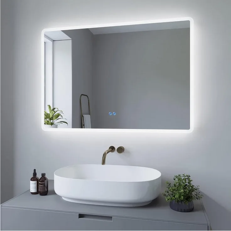 AQUABATOS BORAS-Serie LED Badspiegel, dimmbar, Touchsteuerung, beheizt, IP44, kaltweiß 6400K, 80x60 cm, beschlagfrei