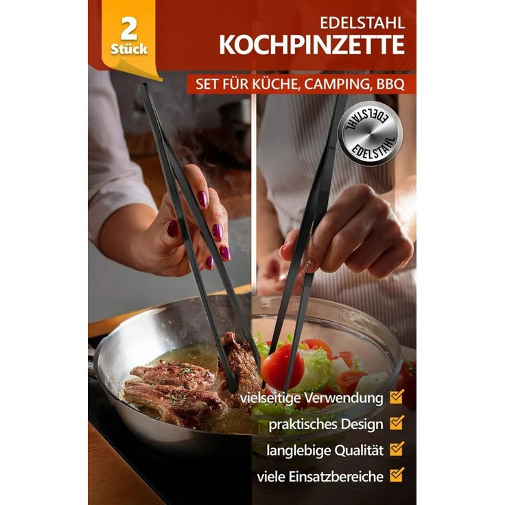 Aurelia Home Kochpinzette Kochpinzetten aus Edelstahl, 30 cm, rund und spitz im 2er-Set, Edelstahl, spülmaschinenfest, rutschfest, ideal für Grillen, Kochen – Bild 2