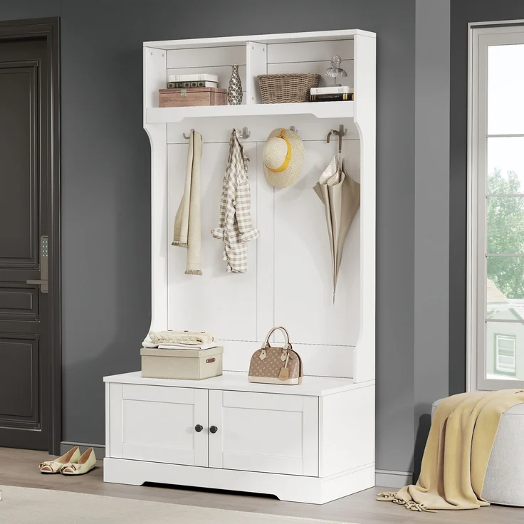 Schrank mit integrierter Sitzbank, Stauraum, Silent Soft-Close Türen, offenen Fächern und 4 Haken – Bild 5