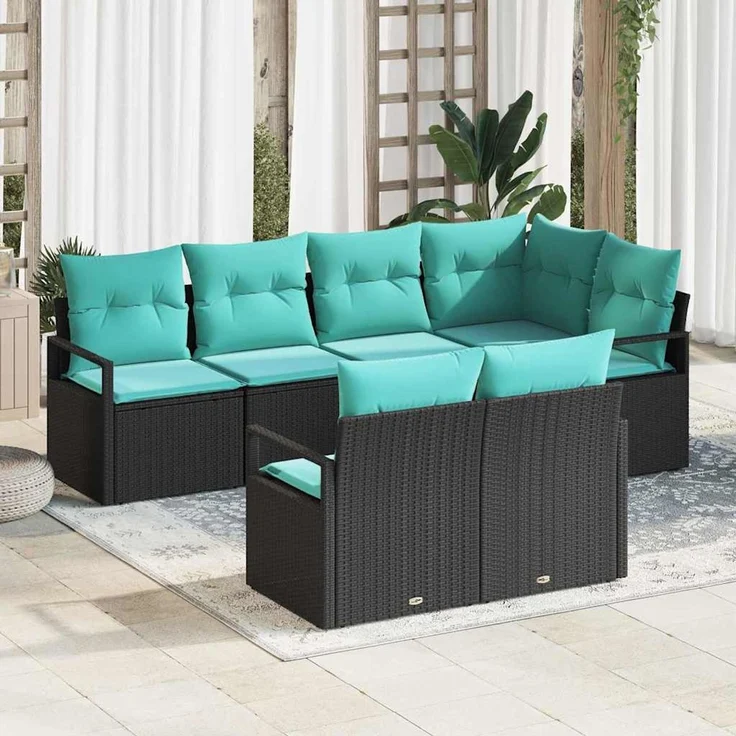 vidaXL Sofa Set mit Kissen 7 pcs Schwarz Poly Rattan 3346426 – Bild 1