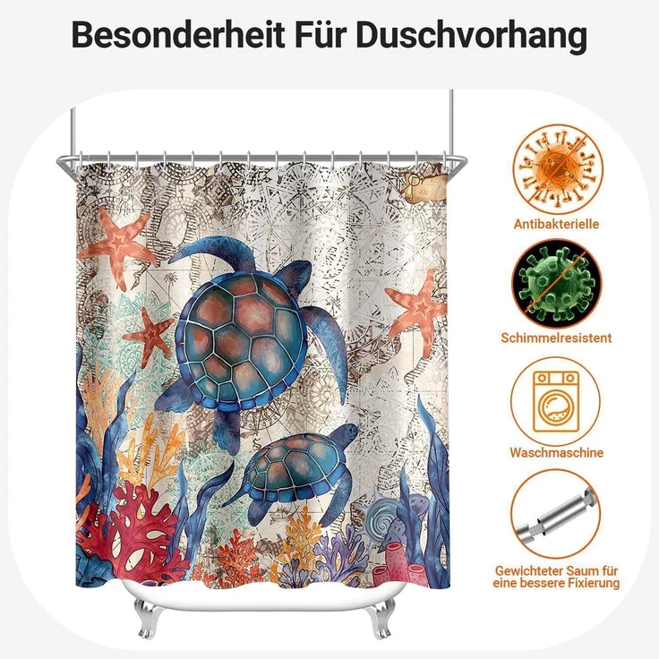 Duschvorhang 240x200cm Schildkröte Seesterne Antischimmel Textil wasserabweisend – Bild 7