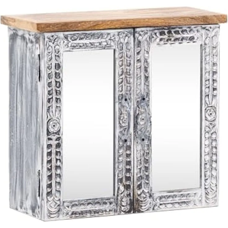 Spiegelschrank Badschrank massivum Santa Cruz grau 52x50x23 Mango Holz Landhaus-Stil Boho Hängeschrank mit Spiegel Badmöbel Stauraum
